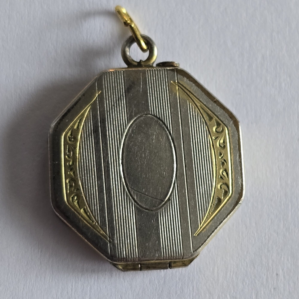 Vintage locket pendant 8 sided art deco silver gold tone photo art deco - Picture 4 of 10